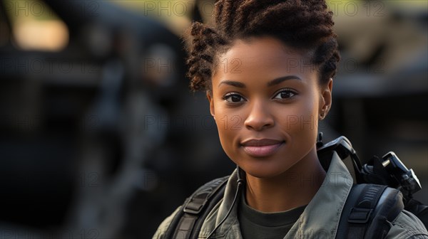 Female african american fighter pilot soldier stands outside her fighter jet