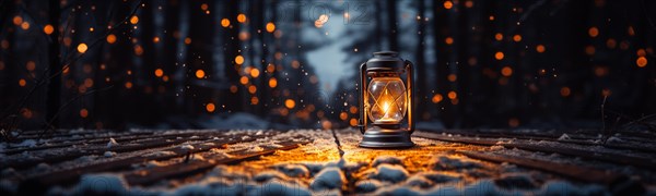 Warm and inviting lit vintage lantern resting on wood planks base outdoors in a winter setting. generative AI