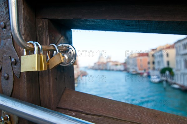 Unusual view of Venice Italy love lockers on Accademia bridge