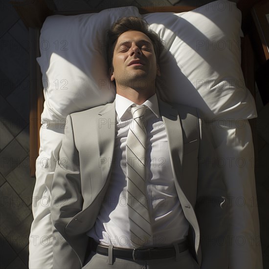 A businessman lies contentedly with his arms outstretched on a bed