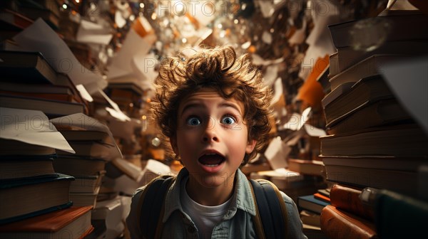 Young boy student sitting stunned and overwhelmed amidst a never ending pile of books and papers surrounding him