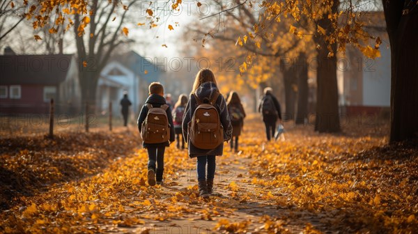 Young children wearing backpacks walking to school on a beautiful fall morning