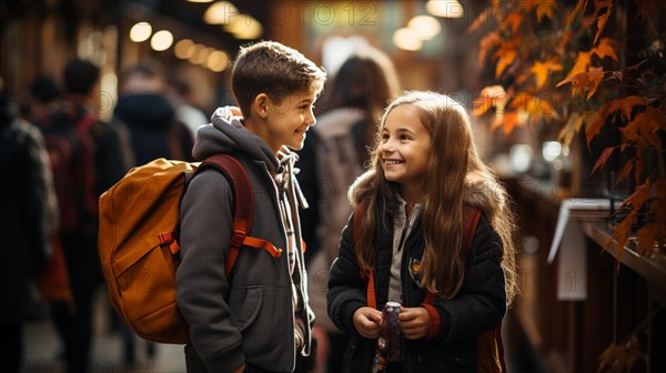 Two young student boy and girl friends wearing backpacks at school