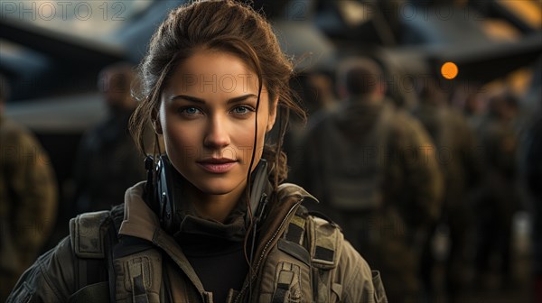 Mixed-race female fighter pilot soldier standing outside her military fighter jet