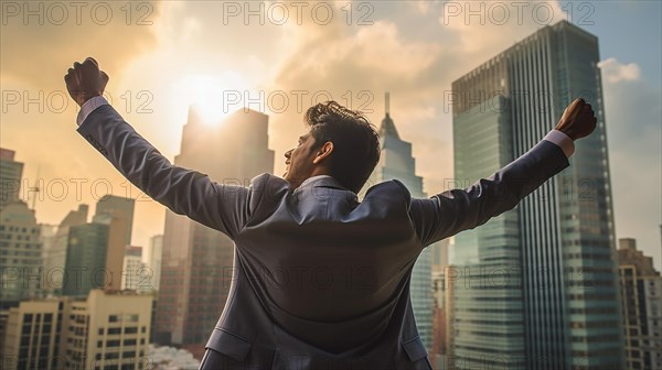 Excited businessman celebrates with his fists in the air with the city in the background