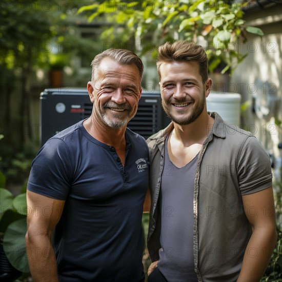 Cheerful homeowner and engineer rejoice in installing new heating system