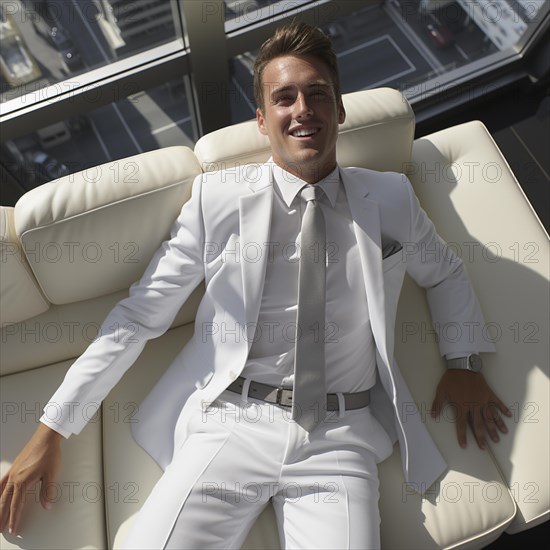 A businessman lies contentedly with his arms outstretched on a bed