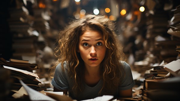 Young girl student sitting stunned and overwhelmed amidst a never ending pile of books and papers surrounding him