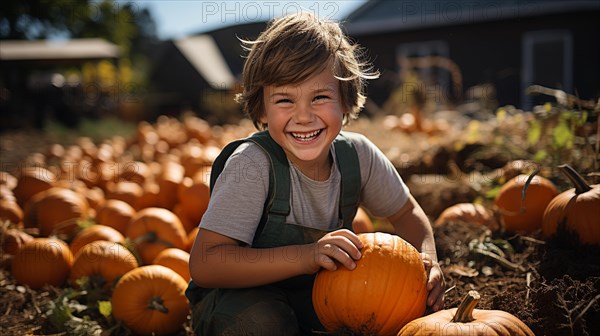 Happy young boy sitting amidst the pumpkins at the pumpkin patch farm on a fall day