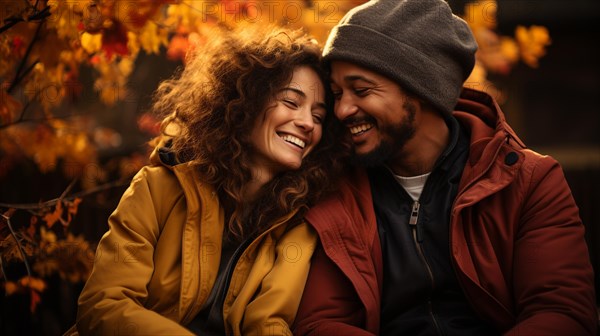 Happy warmly dressed young loving multi-ethnic couple laughing as they enjoy the beautiful fall leaves in the park