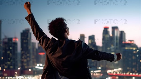 Excited businessman celebrates with his fists in the air with the city in the background