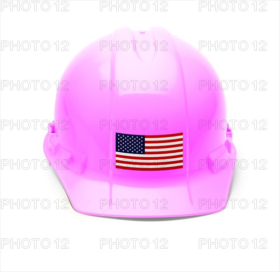 Pink hardhat with an american flag decal on the front isolated on white background