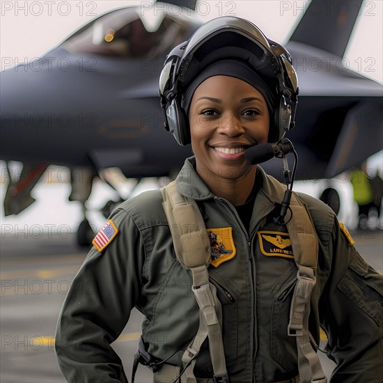 Proud young pilot stands in front of her F 35 fighter plane