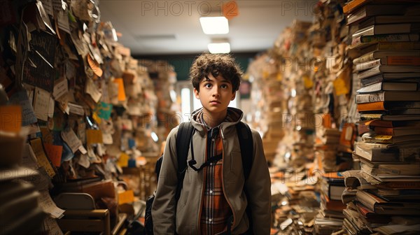 Young boy student standing bewildered flanked by towering piles to the ceiling of books and papers in classroom