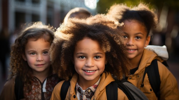 Happy and excited multi-ethnic young children students walking on the campus of their school