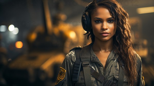 Female african american fighter pilot soldier stands outside her fighter jet