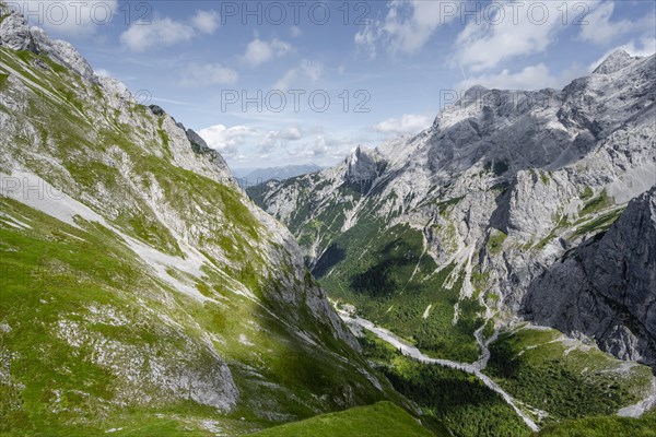 View of Hoellental and rocky mountain landscape with Jubilaeumsgrat
