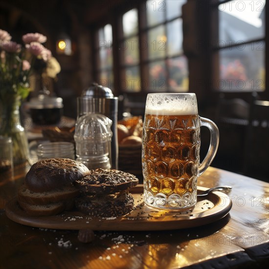 Beer and snacks in an alpine hut in the mountains