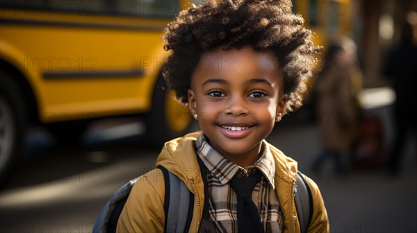 Adorable smiling african american school girl dressed warmly outside near the school bus