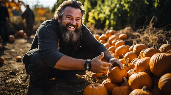 Pumpkin farmer amidst his pumpkin harvest on a fall day