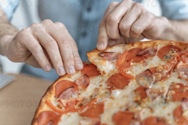 Businesspeople lunch break eating pizza close up