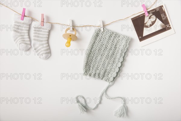 Pair socks pacifier headwear sonography picture hanging string with clothes peg