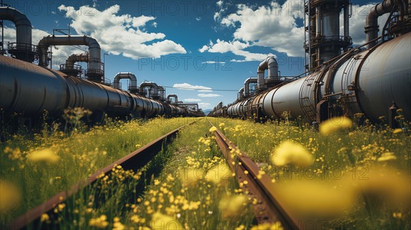 Flowers grow between the train tracks