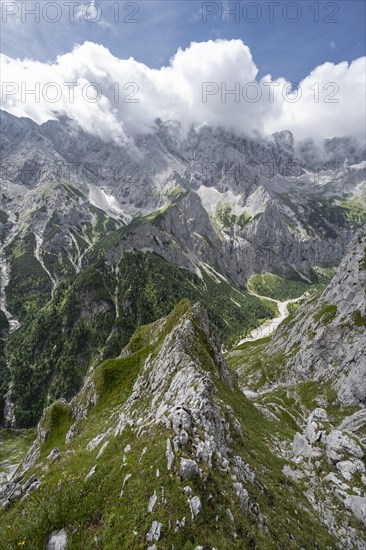 View into the Hoellental on cloudy rocky mountain landscape with Jubilaeumsgrat