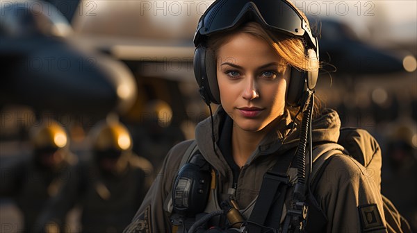 Mixed-race female fighter pilot soldier standing outside her military fighter jet