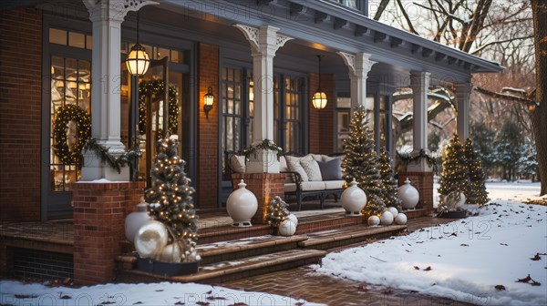 Beautiful christmas decorated front door and porch of a house on a winter evening. generative AI