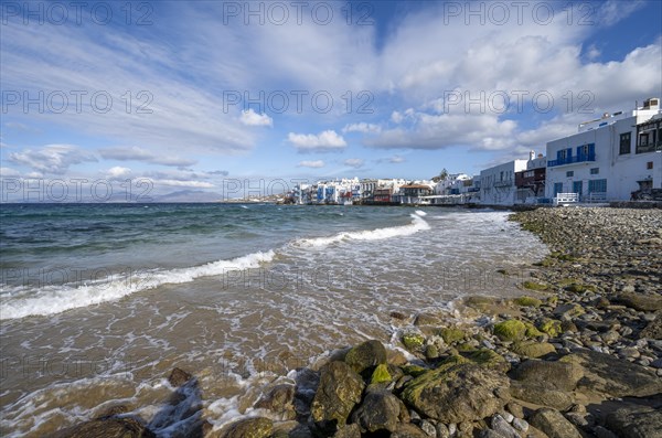 White Cycladic houses on the shore