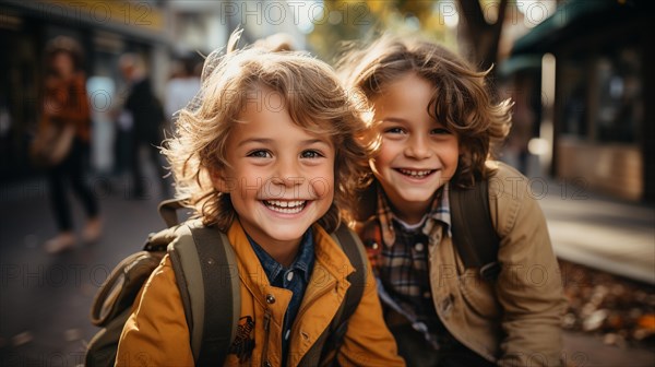 Happy and excited young children student friends walking on the campus of their school