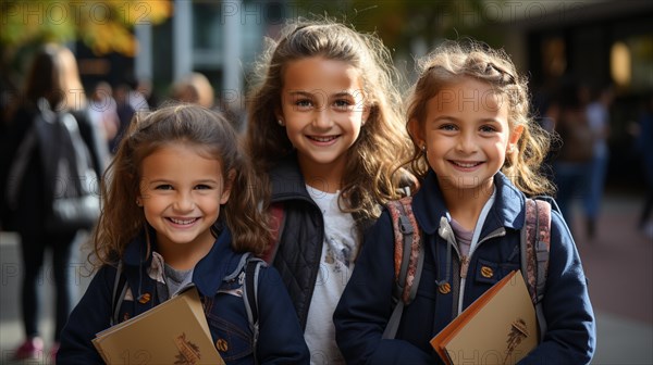 Happy and excited young children students walking on the campus of their school