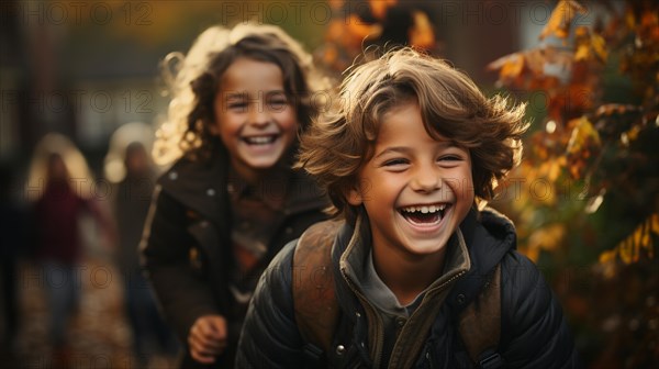 Happy laughing children running in the country fields on a fall day