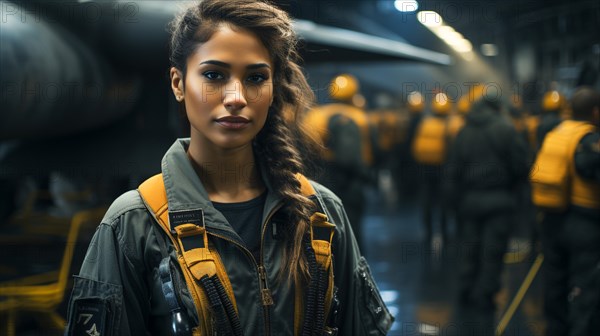 Female african american fighter pilot soldier stands outside her fighter jet