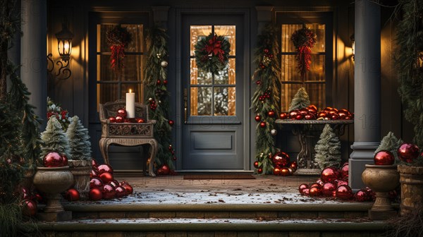 Beautiful christmas decorated front door and porch of a house on a winter evening. generative AI