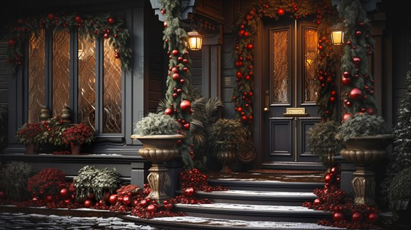 Beautiful christmas decorated front door and porch of a house on a winter evening. generative AI