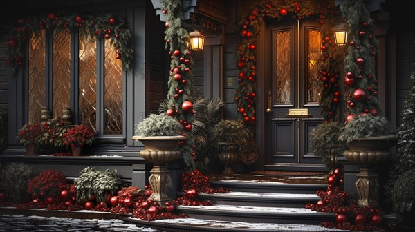 Beautiful christmas decorated front door and porch of a house on a winter evening. generative AI