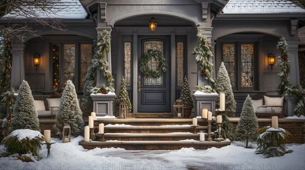 Beautiful christmas decorated front door and porch of a house on a winter evening. generative AI