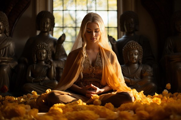 Young blonde woman meditating in a Buddhist temple