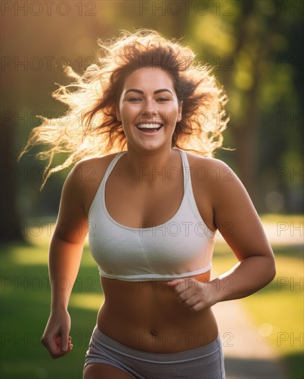 Close-up of a motivated young woman jogging in the evening light