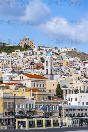 View of the town of Ermoupoli with the steeple of the Church of the Dormition