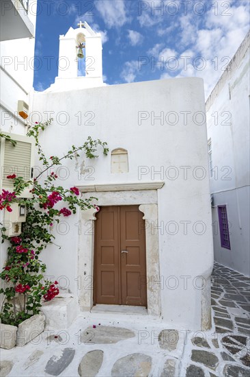 White Greek Orthodox Church with Bougainvillea