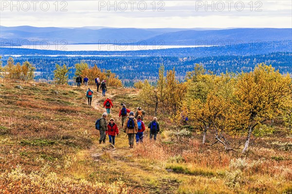 People hiking in a beautiful landscape in the swedish mountains at autumn