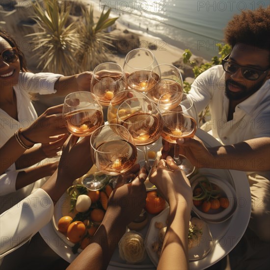 Young cheerful people toast each other with glasses raised