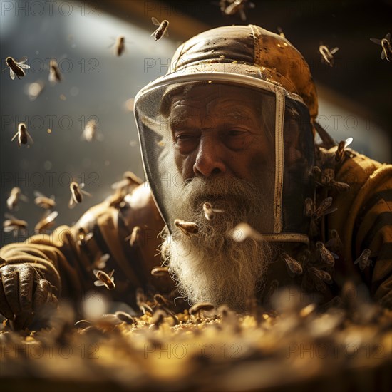 Beekeeper works with honey bees