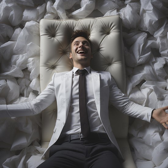 A businessman lies contentedly with his arms outstretched on a bed