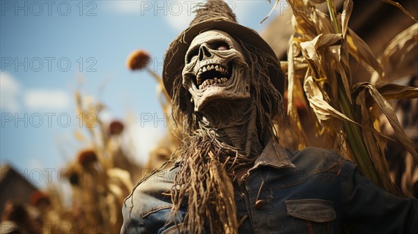 Frightening halloween skeleton headed figure and body outdoors in the country