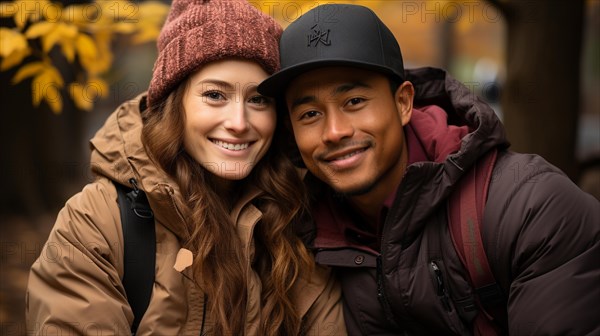 Happy warmly dressed young loving multi-ethnic couple enjoy the beautiful fall leaves in the park