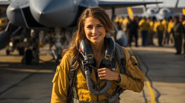 Mixed-race female fighter pilot soldier standing outside her military fighter jet